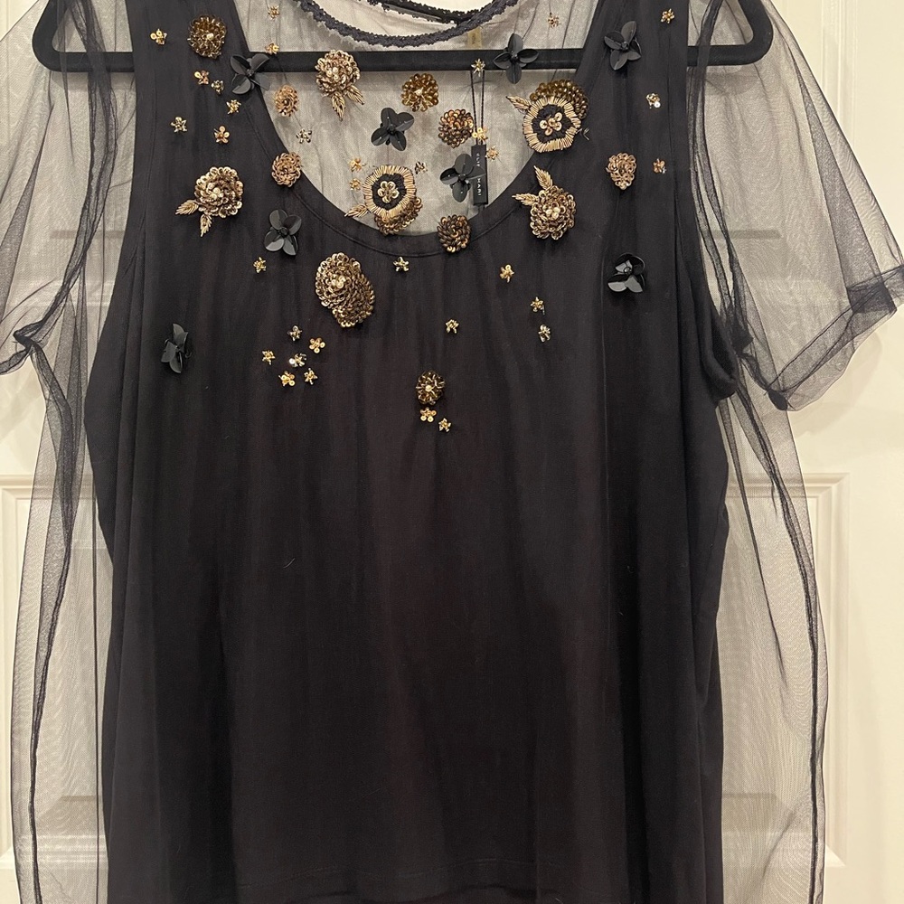 Elie Tahari Black Sheer Top with Gold Embellishments
